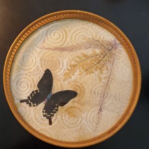 Vintage Wood Serving Trayw with lace, pressed butterfly and flowers under glass.